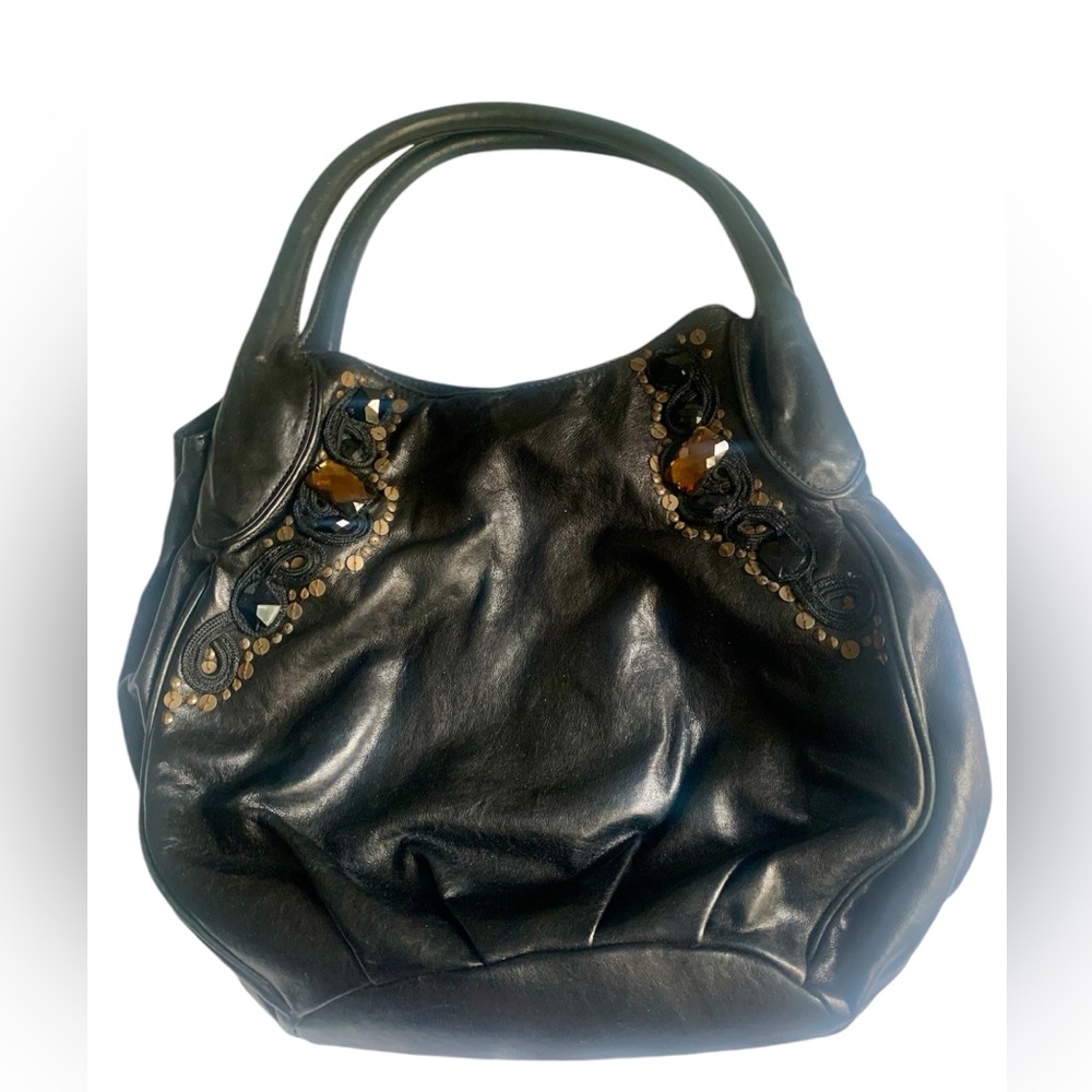Isabella Fiore Black Jeweled Shoulder Hobo Handbag Purse
